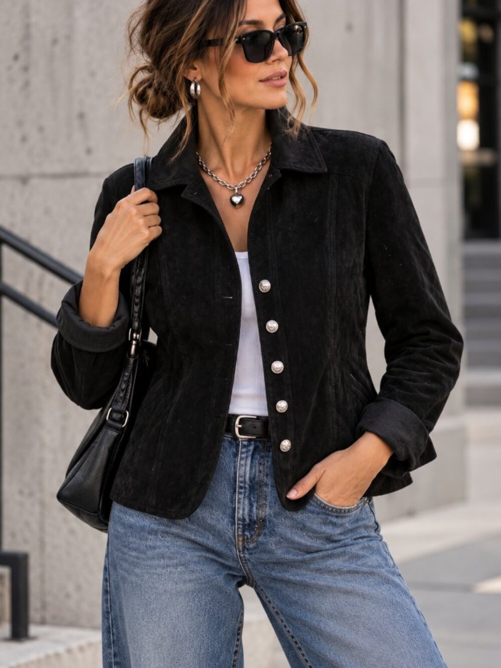 Vintage Y2K Dressbarn Black Genuine Suede Leather Jacket L Western Boho Euc